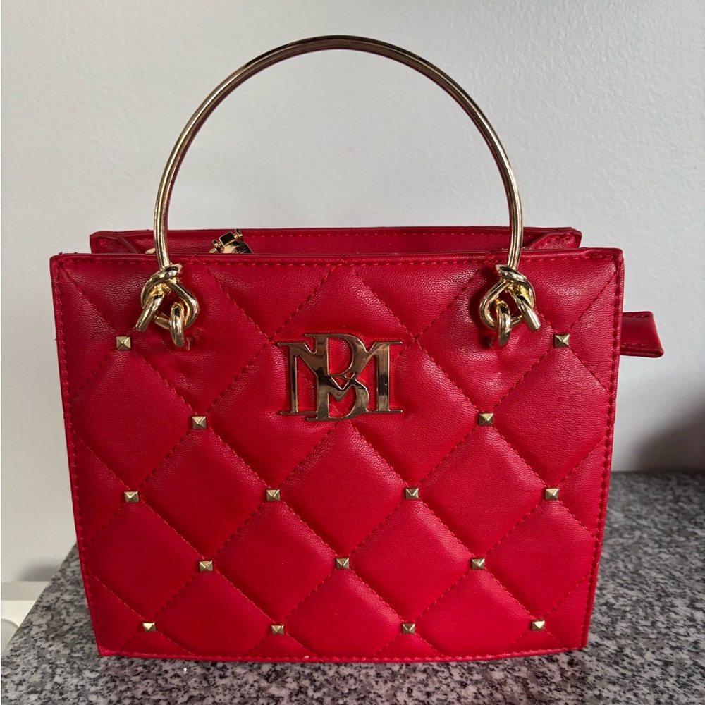 Red Quilted Top-Handle Bag with Gold Hardware
